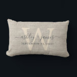 Beige Linen Grey Ivory Monogram Wedding Keepsake Lumbar Cushion<br><div class="desc">Elegant wedding keepsake beige woven linen effect pillow with your text in dark grey chic handwritten script calligraphy. Simply add your names, monogram and wedding date. Great gift for a newlywed couple. Exclusively designed for you by Happy Dolphin Studio. If you need any help or matching products, please contact us...</div>