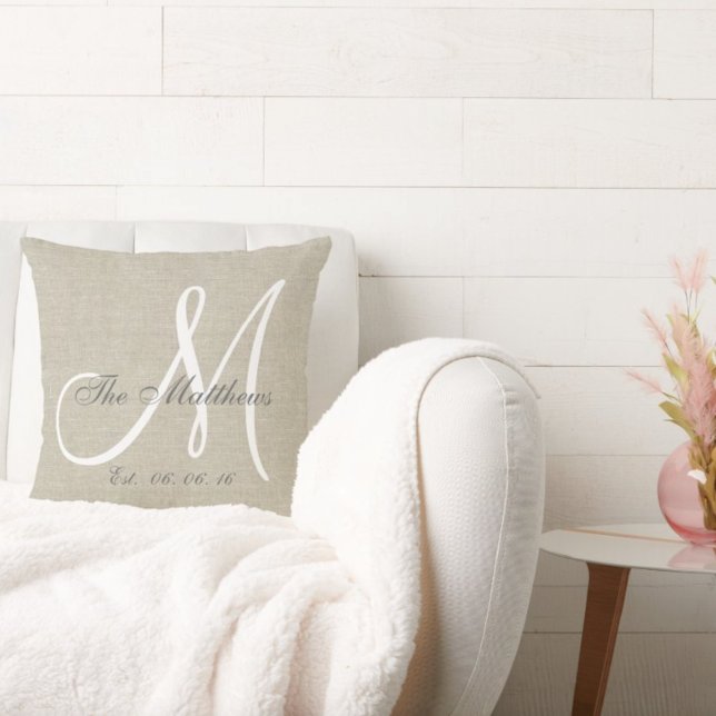Beige Linen Grey White Monogram Family Keepsake Cushion (Creator Uploaded)