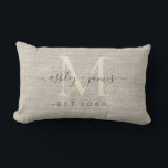Beige Linen Ivory Monogram Script Wedding Keepsake Lumbar Cushion<br><div class="desc">Elegant wedding keepsake beige woven linen effect pillow with text in off-black chic handwritten script calligraphy and stylish modern typography. Simply add your names, monogram and wedding date. Great luxury gift for the newlywed couple. Exclusively designed for you by Happy Dolphin Studio. If you need any help or matching products,...</div>