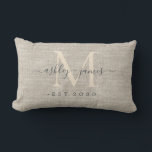 Beige Linen Ivory Monogram Script Wedding Keepsake Lumbar Cushion<br><div class="desc">Elegant wedding keepsake beige woven linen effect pillow with text in off-black chic handwritten script calligraphy and stylish modern typography. Simply add your names, monogram and wedding date. Great luxury gift for the newlywed couple. Exclusively designed for you by Happy Dolphin Studio. If you need any help or matching products,...</div>