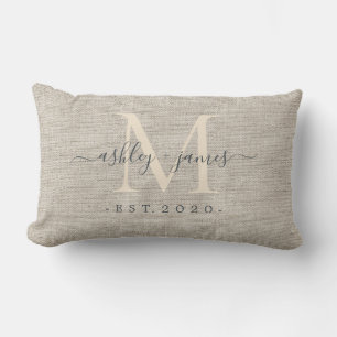 Beige Linen Ivory Monogram Script Wedding Keepsake Lumbar Cushion