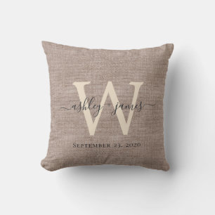 Beige Linen Ivory Monogram Wedding Keepsake Cushion