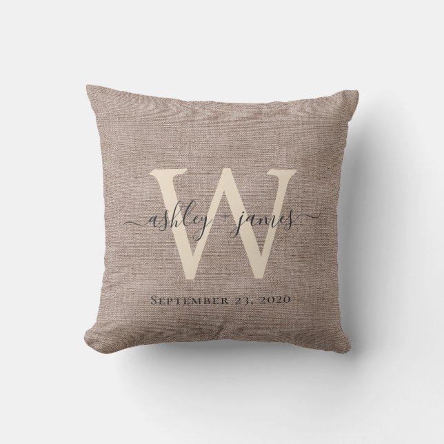 Beige Linen Ivory Monogram Wedding Keepsake Cushion (Front)