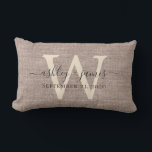 Beige Linen Ivory Monogram Wedding Keepsake Lumbar Cushion<br><div class="desc">Elegant wedding keepsake beige woven linen effect pillow with your text in dark grey chic handwritten script calligraphy. Simply add your names, monogram and wedding date. Great gift for a newlywed couple. Exclusively designed for you by Happy Dolphin Studio. If you need any help or matching products, please contact us...</div>