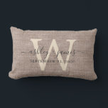 Beige Linen Ivory Monogram Wedding Keepsake Lumbar Cushion<br><div class="desc">Elegant wedding keepsake beige woven linen effect pillow with your text in dark grey chic handwritten script calligraphy. Simply add your names, monogram and wedding date. Great gift for a newlywed couple. Exclusively designed for you by Happy Dolphin Studio. If you need any help or matching products, please contact us...</div>