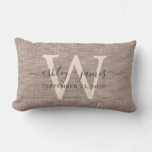 Beige Linen Ivory Monogram Wedding Keepsake Lumbar Cushion