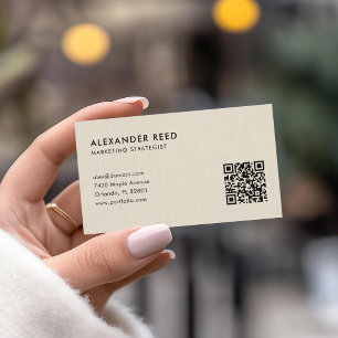 Beige Linen Minimalist Scannable QR Code Logo Business Card