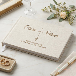 Beige Linen Minimalist Script Elegant Wedding Guest Book