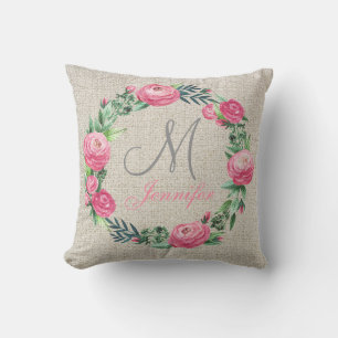 BEIGE LINEN PINK ROSES AND WATERCOLOR LEAVES CUSHION