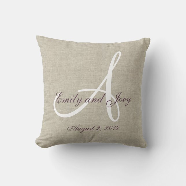 Beige Linen Purple White Monogram Wedding Keepsake Cushion (Front)
