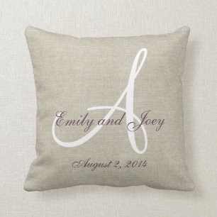 Beige Linen Purple White Monogram Wedding Keepsake Cushion