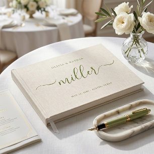 Beige Linen Sage Script Chic Minimalist Wedding Guest Book