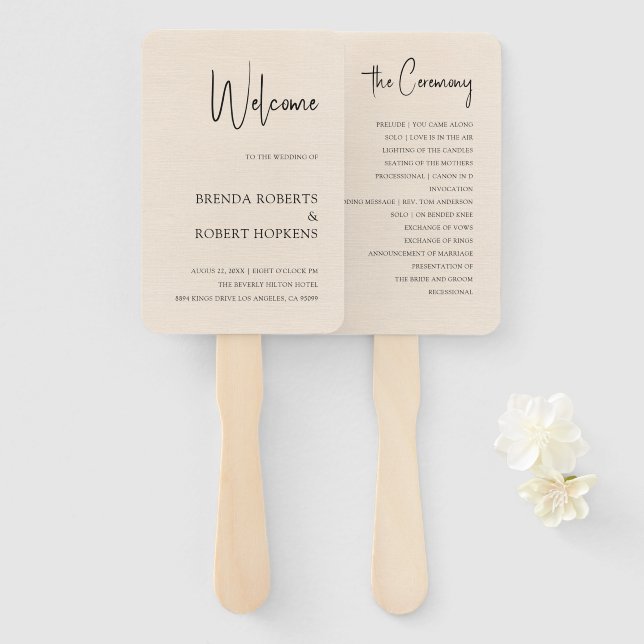 Beige Linen Simple Black Script Wedding Hand Fan (Front and Back)