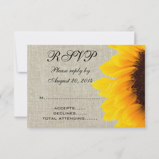 Beige Linen Sunflower Rustic Wedding RSVP Card (Front)