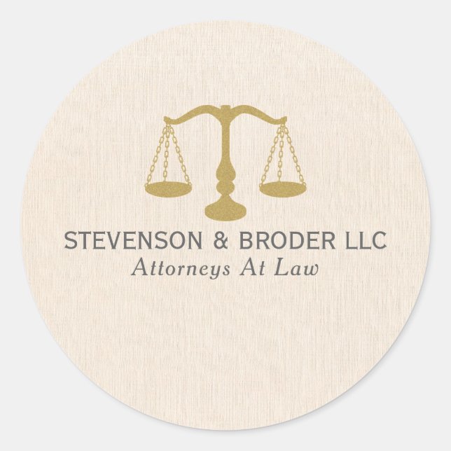 Beige Linen Texture & Gold Justice Scale Classic Round Sticker (Front)