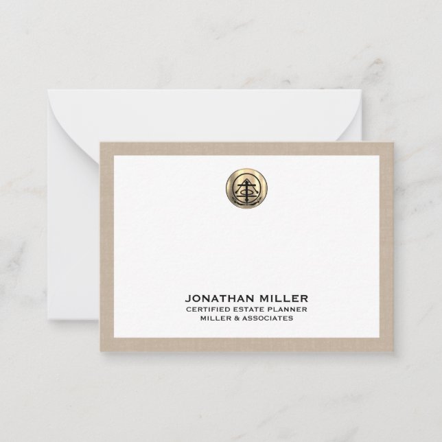 Beige Linen Trimmed Note Card with Gold Logo (Front)