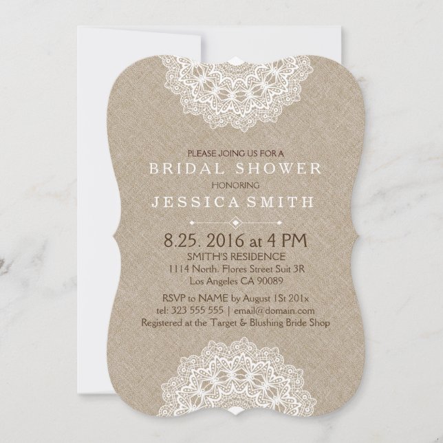 Beige Linen White Lace Bridal Shower Invite (Front)