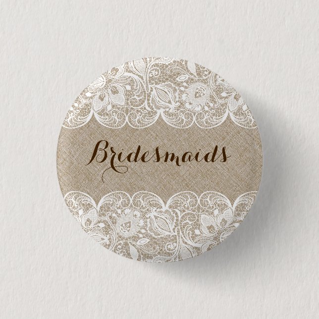 Beige Linen & White Lace Bridesmaids Button (Front)