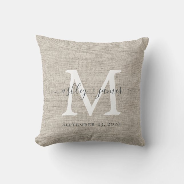 Beige Linen White Monogram Wedding Keepsake Cushion (Front)