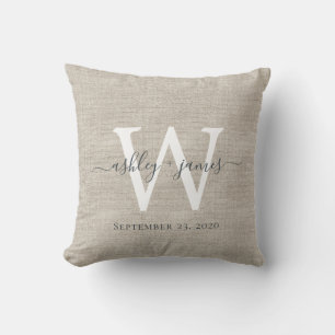 Beige Linen White Monogram Wedding Keepsake Cushion