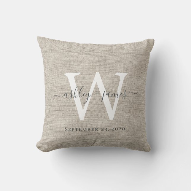 Beige Linen White Monogram Wedding Keepsake Cushion (Front)