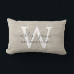 Beige Linen White Monogram Wedding Keepsake Lumbar Cushion<br><div class="desc">Elegant wedding keepsake beige woven linen effect pillow with your text in dark grey chic handwritten script calligraphy. Simply add your names, monogram and wedding date. Great gift for a newlywed couple. Exclusively designed for you by Happy Dolphin Studio. If you need any help or matching products, please contact us...</div>