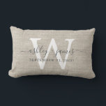 Beige Linen White Monogram Wedding Keepsake Lumbar Cushion<br><div class="desc">Elegant wedding keepsake beige woven linen effect pillow with your text in dark grey chic handwritten script calligraphy. Simply add your names, monogram and wedding date. Great gift for a newlywed couple. Exclusively designed for you by Happy Dolphin Studio. If you need any help or matching products, please contact us...</div>