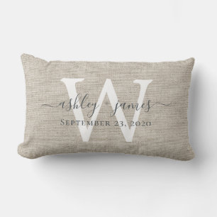 Beige Linen White Monogram Wedding Keepsake Lumbar Cushion