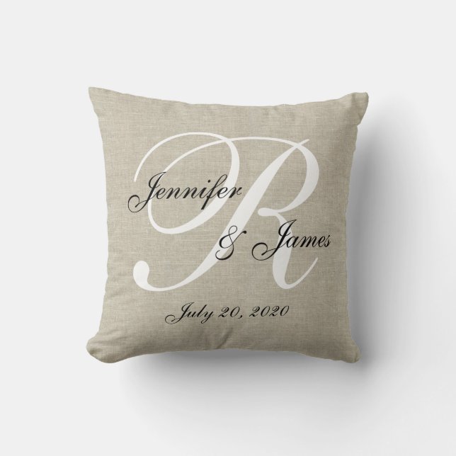 Beige Linen White Monogram Wedding Keepsake Pillow (Front)