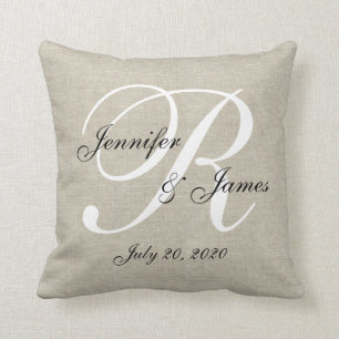 Beige Linen White Monogram Wedding Keepsake Pillow