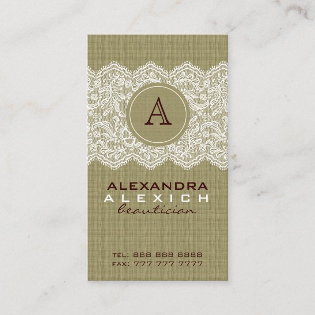 Beige Linen & White Vintage Linen & Lace Business Card (Front)