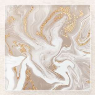 Beige liquid marble, gold line art. glass coaster
