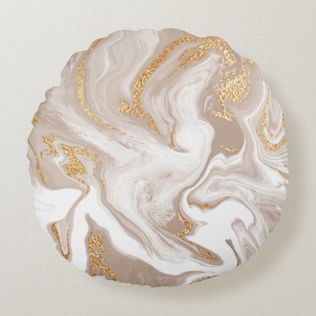 Beige liquid marble, gold line art. round cushion (Front)