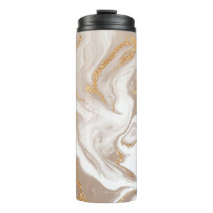 Beige liquid marble, gold line art. thermal tumbler