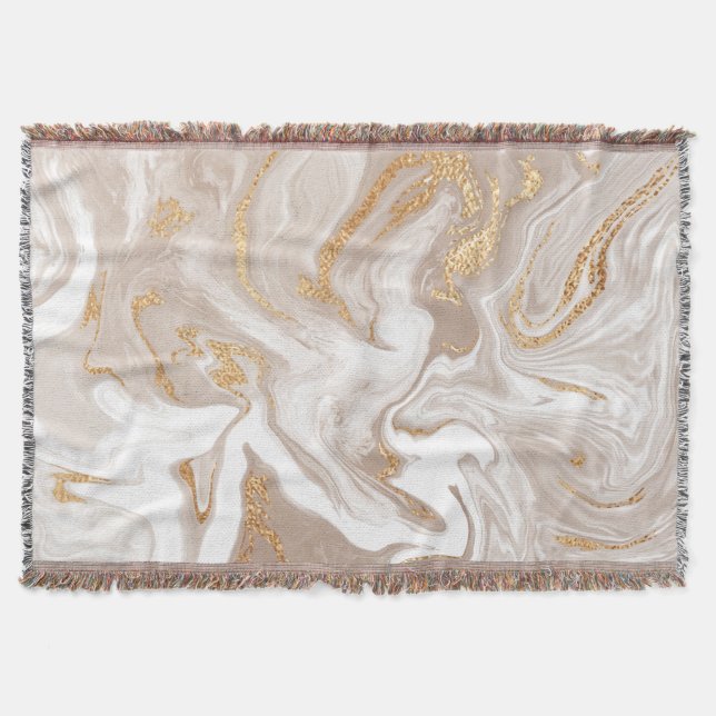 Beige liquid marble, gold line art. throw blanket (Front)