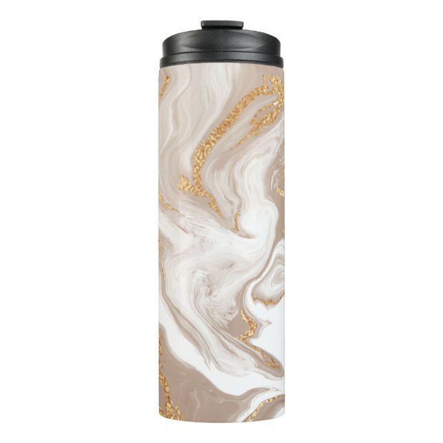 Beige liquid marble with glitter gold thermal tumbler (Front)