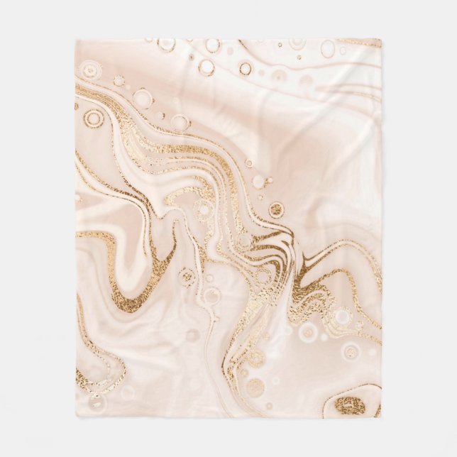 Beige liquid marble with gold glitter splash fleece blanket (Front)
