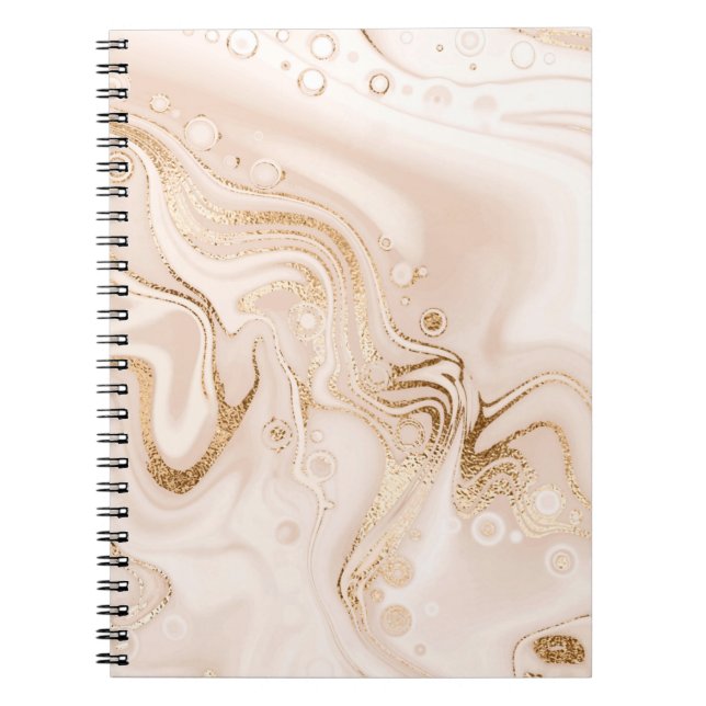 Beige liquid marble with gold glitter splash notebook (Front)