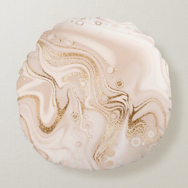 Beige liquid marble with gold glitter splash round cushion (Front)
