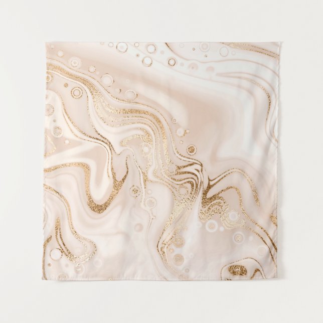 Beige liquid marble with gold glitter splash tapestry (Front)