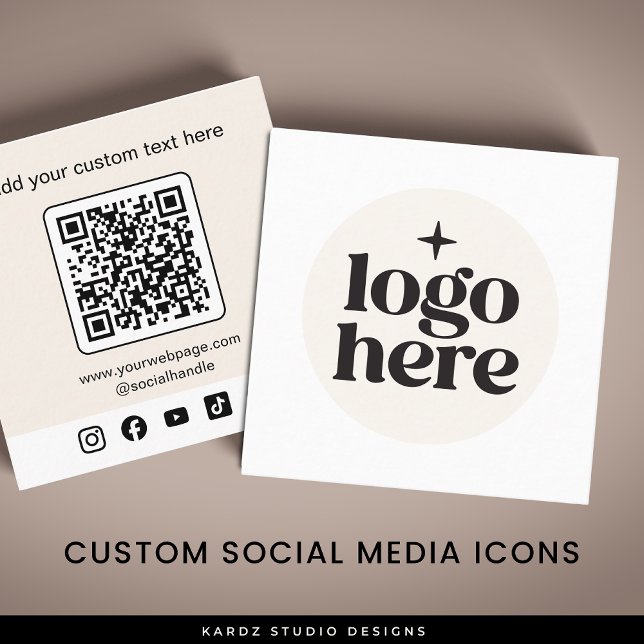Beige Logo QR Code Social Media Square Business Card (Add your logo, create QR by entering URL, add custom social media icons and text. )
