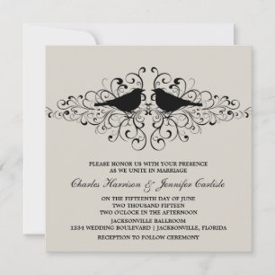 Beige Love Bird Swirls Wedding Invitation