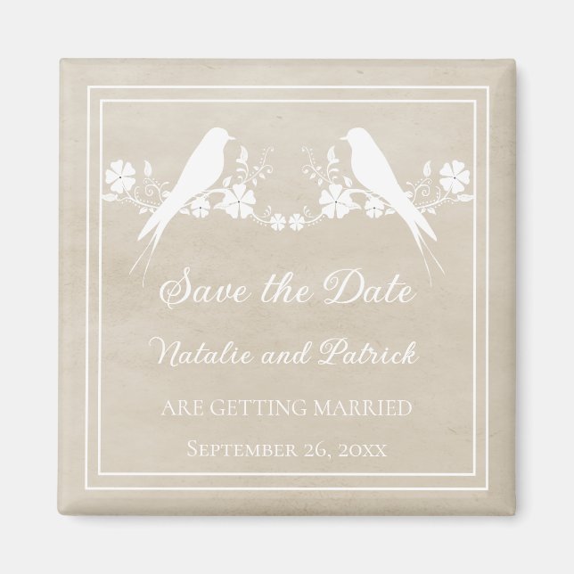 Beige Lovebird Floral Save the Date Magnet (Front)