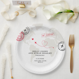 Beige Map Destination Wedding  Paper Plate