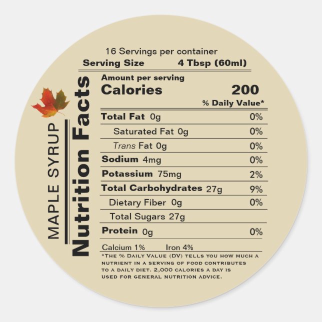 Beige Maple Syrup Nutrition Facts with Maple Leaf  Classic Round Sticker (Front)