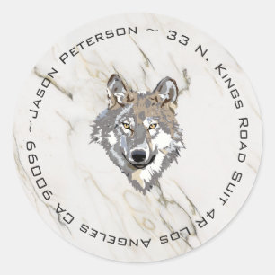 Beige Marble And Wolf Classic Round Sticker