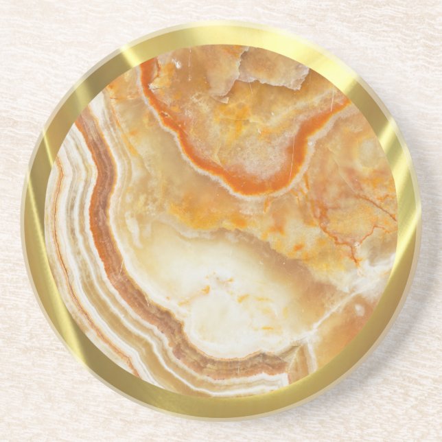Beige Marble Stone Gold Border Coaster (Front)