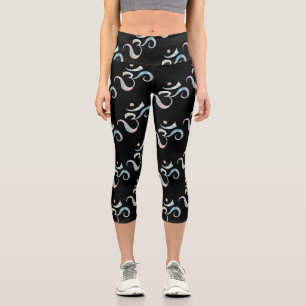 Beige Marbled Om Scattered Black Background Capri Leggings