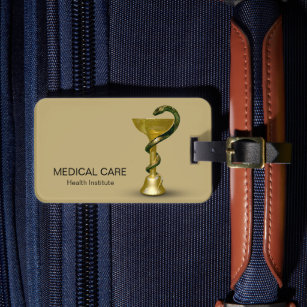 Beige Medical Bowl Hygieia Gold Snake Caduceus Luggage Tag