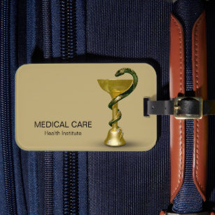 Beige Medical Snake Bowl Hygieia Gold Caduceus Luggage Tag